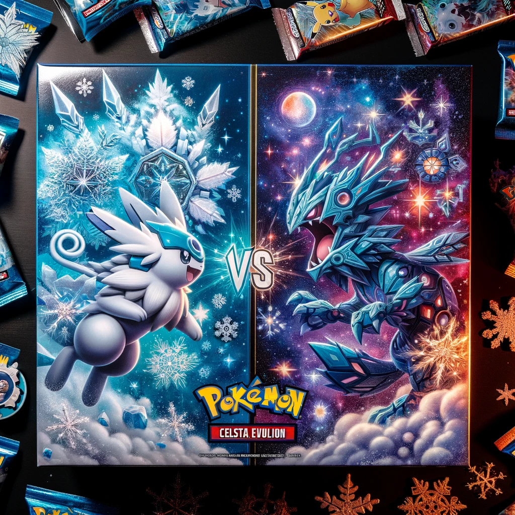 crée une image avec Dalle sur l'article de blog: Booster Pokémon Règne de glace VS Booster Pokémon Evolution Céleste